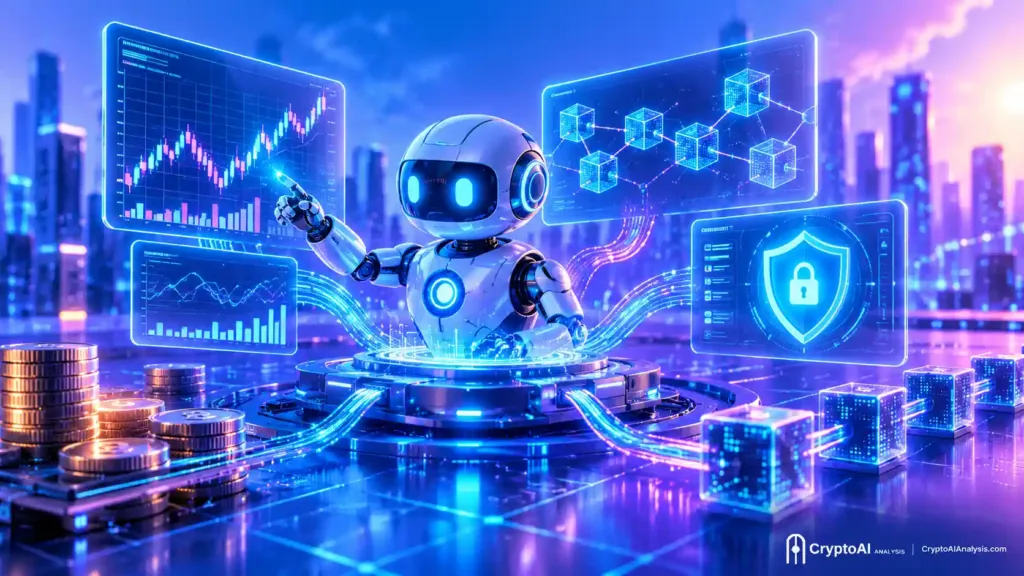 Digital illustration of AI agents in crypto, showing an autonomous AI system analyzing blockchain data and executing tasks across a connected network of nodes.