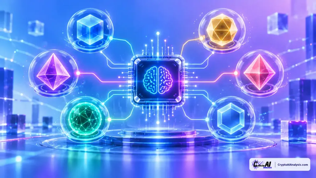 Editorial illustration of AI-driven crypto tokens connected through an AI network.