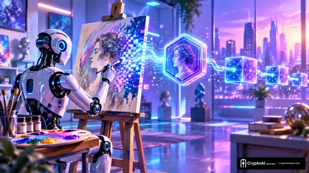 Digital illustration of an AI-generated NFTs, showing a robotic artist painting on a canvas that transforms into a tokenized digital artwork on the blockchain.