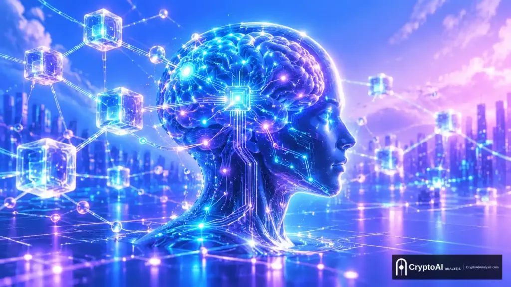 AI in blockchain technology shown as a glowing neural network integrated with blockchain nodes.