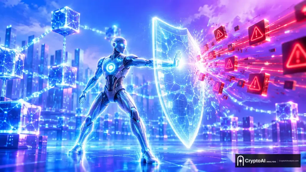 AI in Crypto Fraud Detection 4 Glowing AI figure using a holographic shield to block fraudulent transactions, representing AI in crypto fraud detection on a blockchain network