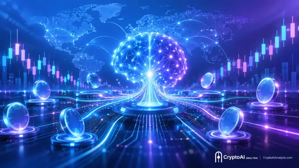 AI in Crypto Investing illustration showing a glowing neural network connected to rising cryptocurrency market charts, digital coins, and flowing data streams on a blue-to-purple futuristic background.