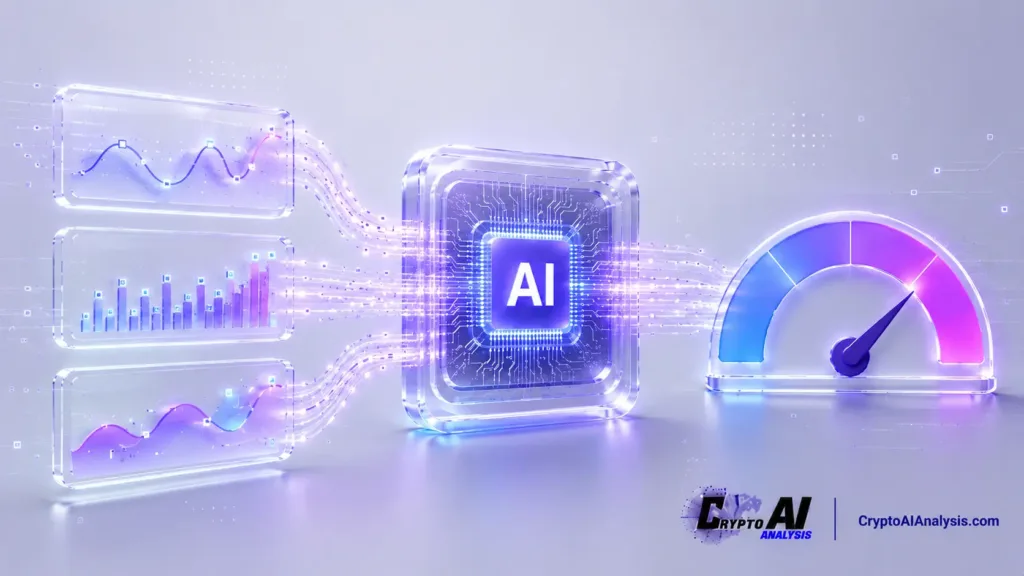 Abstract illustration of AI in Cryptocurrency Price Prediction, showing price history, volume, and sentiment data flowing into a central AI processor and producing a confidence-style indicator.
