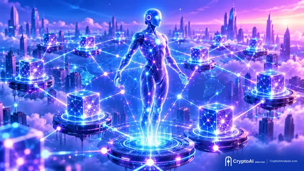 Glowing AI figure connected to a decentralized blockchain network lattice, representing AI in Web3