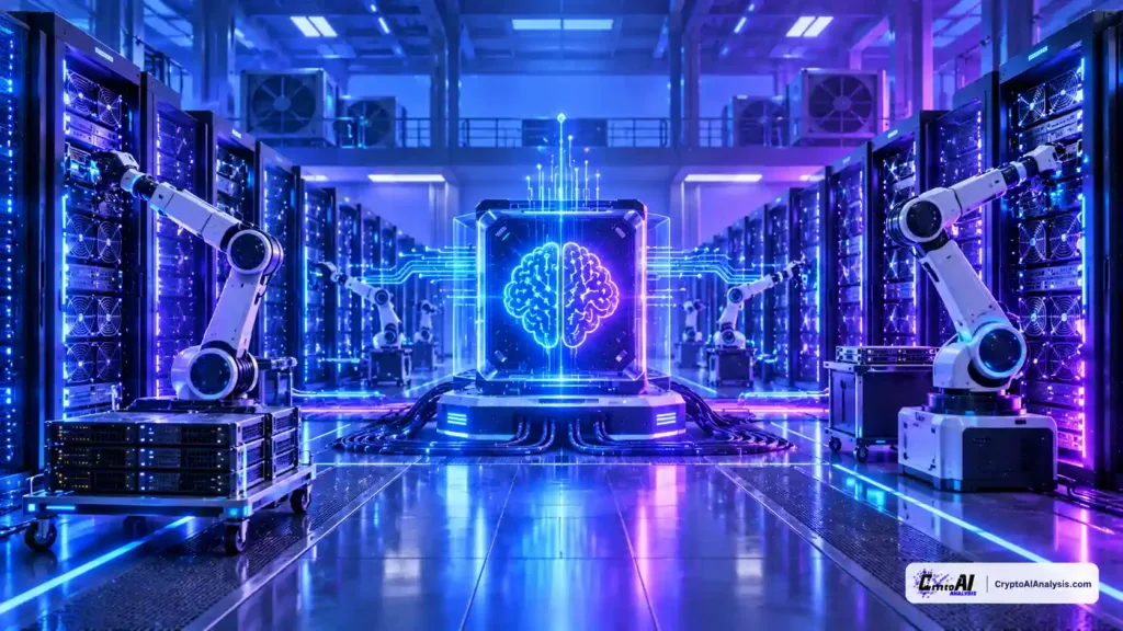 Editorial illustration of an AI-Powered crypto mining facility with automated hardware.