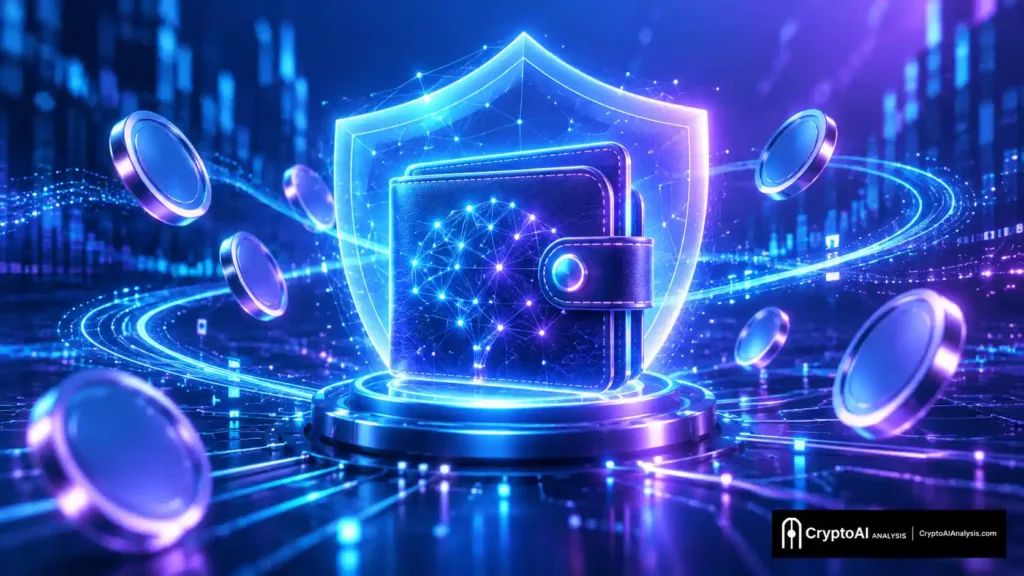 Illustration of a glowing digital wallet protected by an AI-driven security shield, representing an AI-powered crypto wallets.