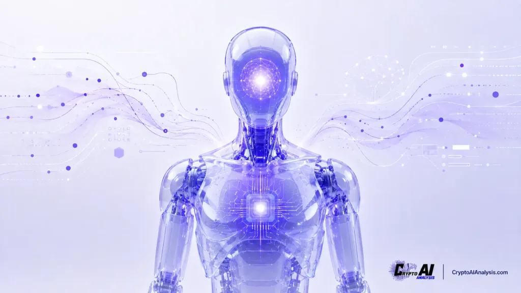 Abstract illustration of AI-Powered Trading Bots using a translucent humanoid AI system with flowing data streams and interconnected nodes for algorithmic processing.