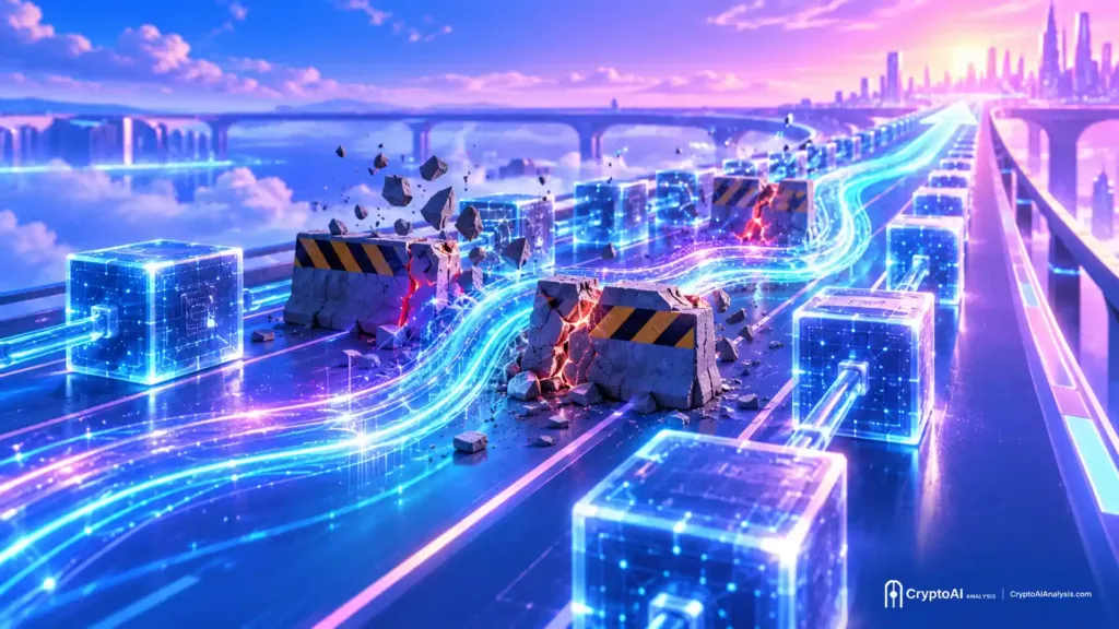 Glowing blockchain highway with AI light trails clearing bottlenecks, representing blockchain scalability solutions