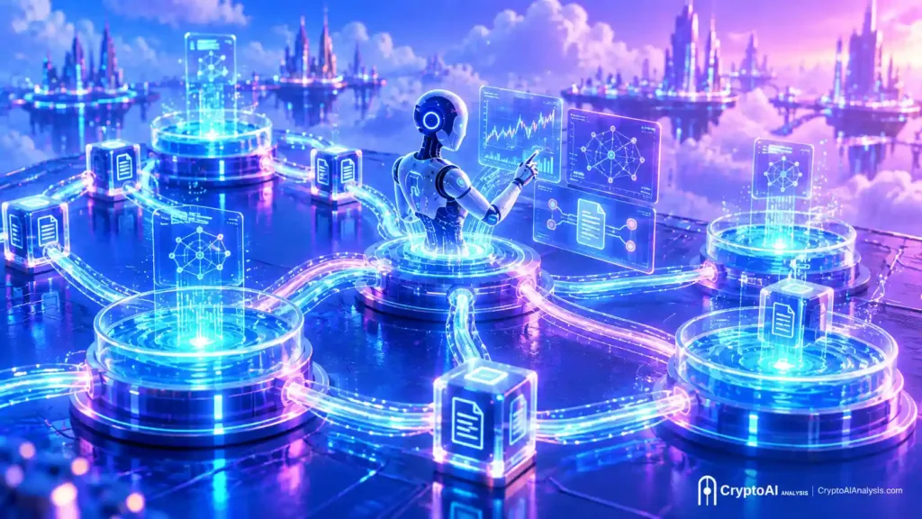 Glowing liquidity pool network with AI light trails analyzing smart contracts, representing Decentralized Finance and AI