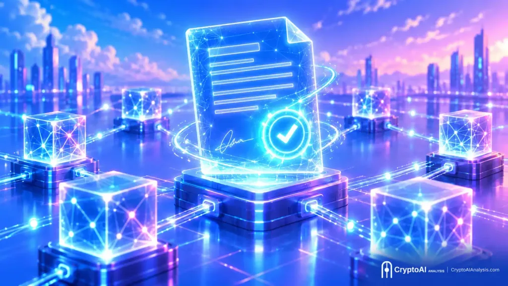 smart contracts in blockchain technology represented as a glowing digital contract linked to a blockchain network.