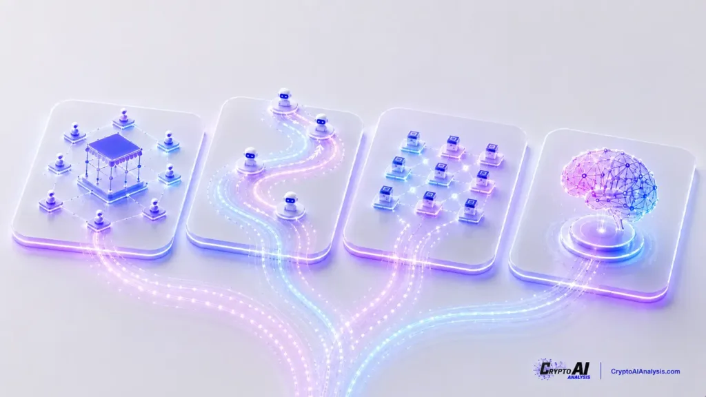 Abstract illustration of AI Crypto Projects, showing four distinct decentralized AI network concepts connected by glowing data streams, including an AI marketplace, autonomous agent network, distributed processing nodes, and neural AI system.