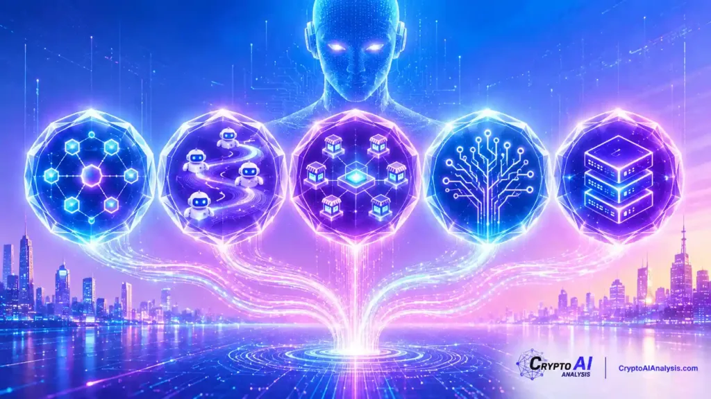 Top 5 AI Crypto Tokens: What They're Actually Building 8 Editorial illustration of AI Crypto Tokens, showing five distinct glowing AI-blockchain network concepts connected by light streams, with autonomous AI agents, decentralized processing, marketplace infrastructure, neural networks, and distributed server systems against a futuristic digital backdrop.