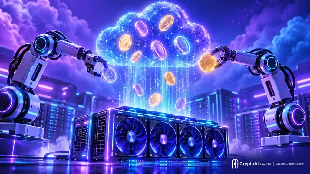 Robotic arms and a glowing cloud processing abstract digital coins above a mining rig, representing AI-driven cloud crypto mining, in a saturated blue-to-purple gradient.