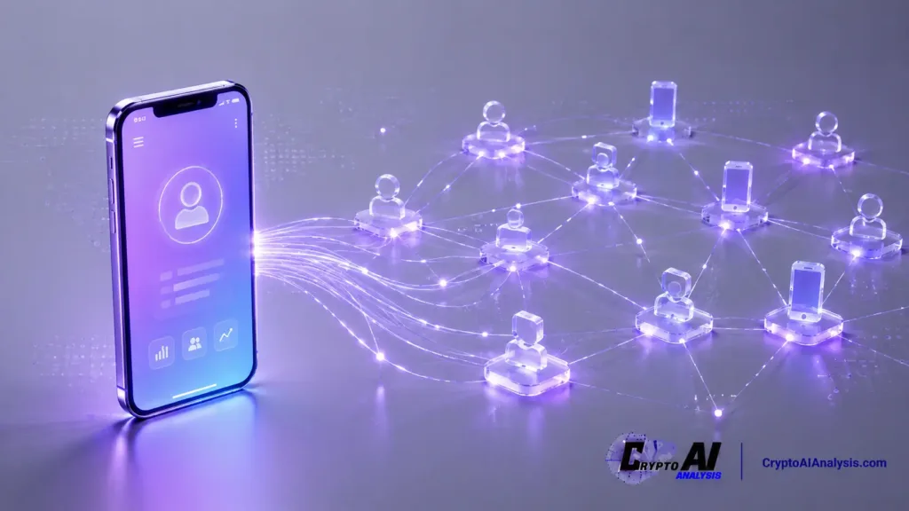 Pi Network's Mobile Mining Model: What AI Actually Adds 7 Abstract illustration of mobile mining, showing a glowing smartphone connected by light beams to a decentralized network of translucent mobile participant nodes.