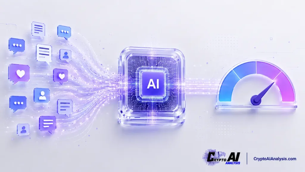 AI-Powered Crypto Sentiment Analysis: What These Tools Actually Measure 10 Abstract illustration of AI-driven social media data analysis, with speech and document data flowing into a central AI processor and producing a sentiment analysis gauge.