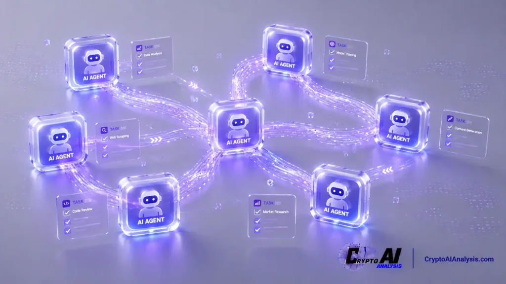 Fetch.ai (FET): What Its Autonomous Agent Network Actually Does 5 Abstract illustration of Fetch.ai (FET) showing autonomous AI agents connected by glowing data streams as they negotiate and exchange tasks across a decentralized network.