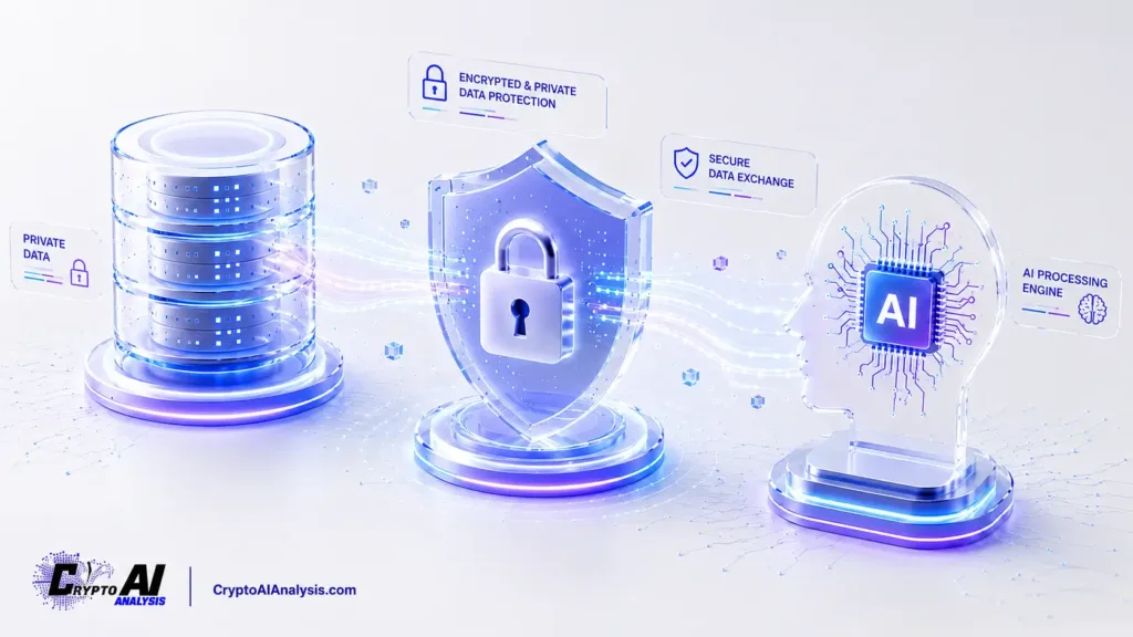 Ocean Protocol (OCEAN): What Its Data-Sharing Protocol Does 3 Abstract illustration of OCEAN Protocol showing private data flowing through a secure shield and padlock into an AI processing system, representing secure and decentralized AI data exchange.