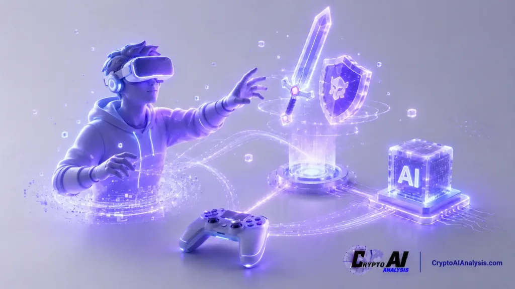 AI in Crypto Gaming: How AI Shapes Virtual Economies in the Metaverse 6 Abstract illustration of AI in crypto gaming, showing a VR player interacting with a glowing in-game sword and shield, connected by light beams to a game controller and AI system.