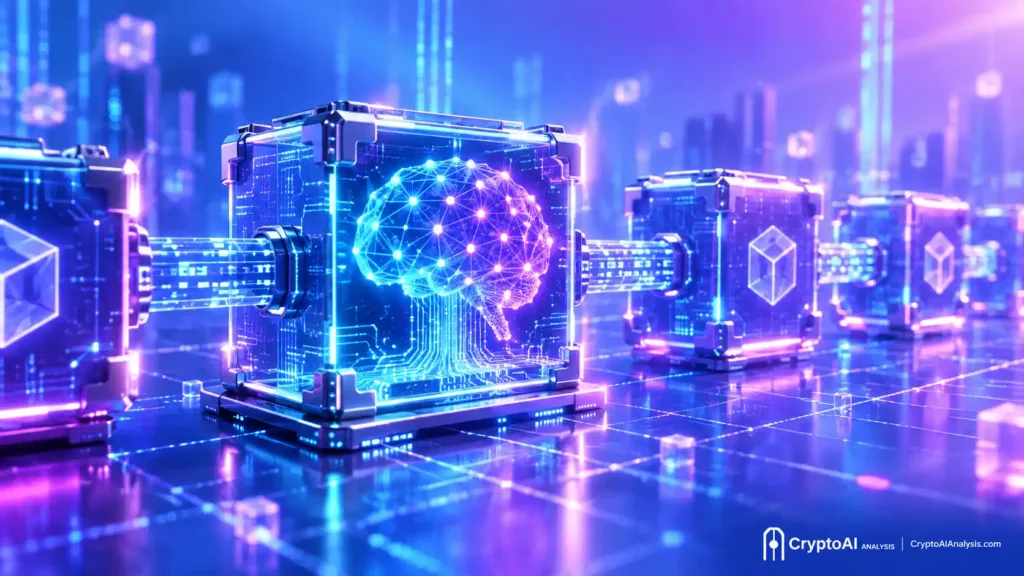 Digital illustration of the Cortex CTXC on-chain AI platform, showing an AI model running inside a blockchain smart contract connected to a chain of verified blocks.