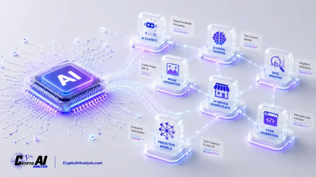 SingularityNET (AGIX): Pioneering the Future of AI on the Blockchain 4 Abstract illustration of SingularityNET showing a glowing AI processor connected by light beams to a decentralized network of AI service nodes, including chatbot, model training, data analysis, image generation, predictive models, code generation, and an AI service marketplace.