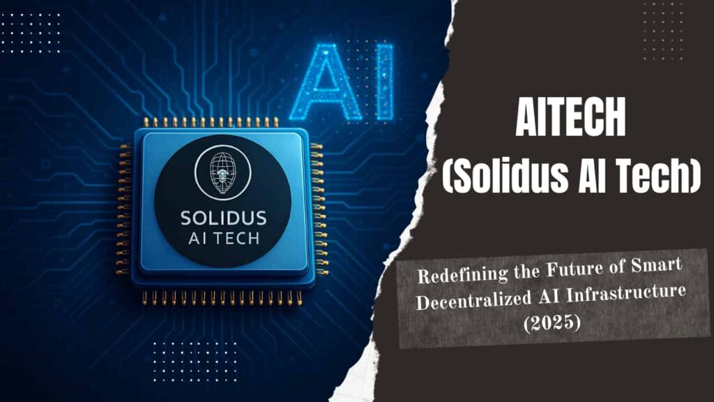 Futuristic illustration of AITECH’s decentralized AI infrastructure in 2025