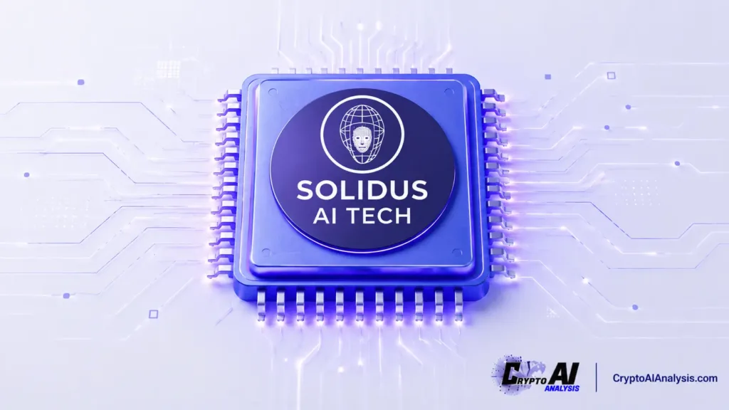 AITECH (Solidus AI Tech): What the Token Actually Powers 1 Abstract illustration of AITECH (Solidus AI Tech) represented by a glowing blue-purple AI processor chip with a globe motif and surrounding circuit traces.