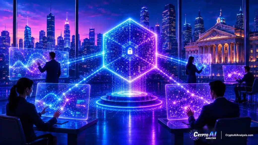 Editorial illustration of Numerai showing a secure AI and blockchain data network with a glowing encrypted-data structure connected to AI processing nodes and financial infrastructure.