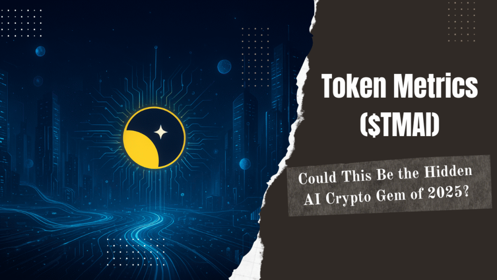 Futuristic digital cityscape with Token Metrics ($TMAI) logo glowing at the core of AI and blockchain innovation.