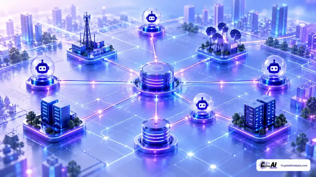 Ozak AI (OZ) presale structure illustration showing AI agent nodes connected across a decentralized DePIN network.