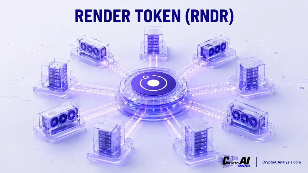 Abstract illustration of Render Token (RNDR) showing a decentralized network of translucent GPU and server nodes connected to a central hub by glowing data pathways.