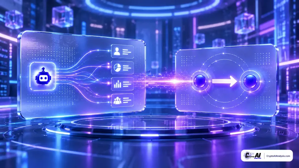 Ruvi AI crypto ecosystem with interconnected AI-powered nodes, decentralized infrastructure, and a central processing hub representing AI-driven coordination and blockchain technology.