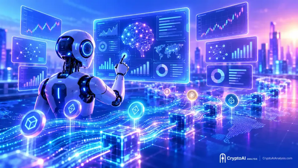 Digital illustration of Token Metrics AI crypto research, showing an AI analytics engine processing blockchain data streams into a token-linked research dashboard.