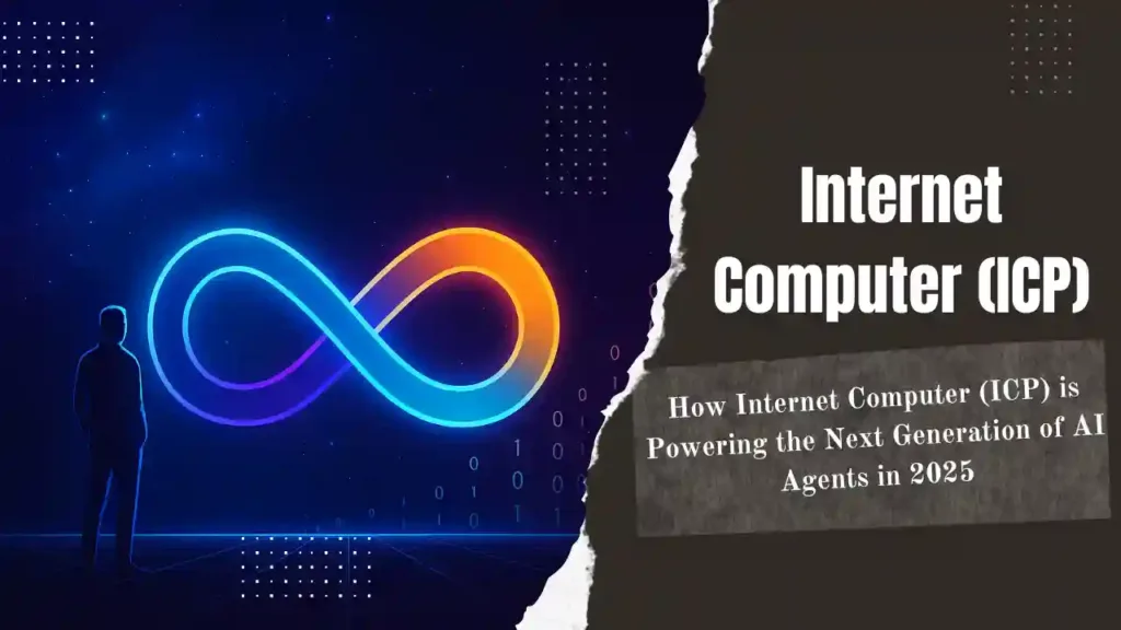 Futuristic digital network with glowing nodes symbolizing Internet Computer and AI agents coordinating on-chain.