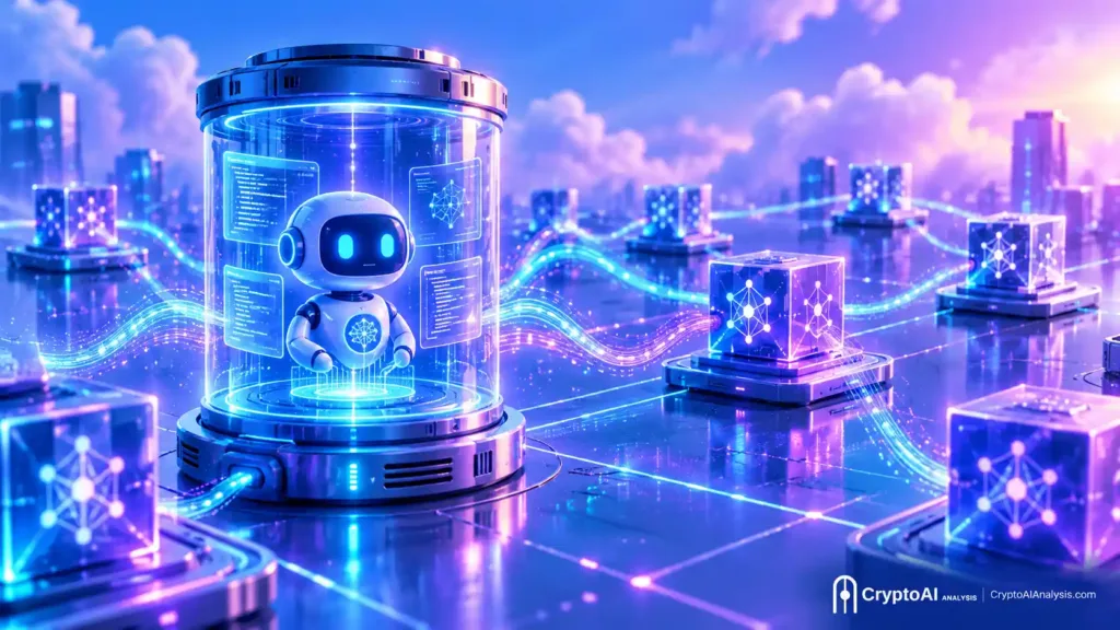 Digital illustration of the Internet Computer (ICP) AI agents ecosystem, showing an on-chain canister running an autonomous AI agent that connects directly to blockchain data and smart contracts.