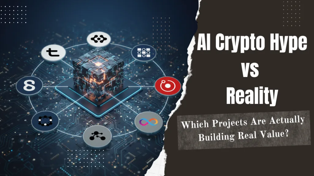 AI crypto ecosystem visual showing decentralized AI infrastructure and blockchain networks.