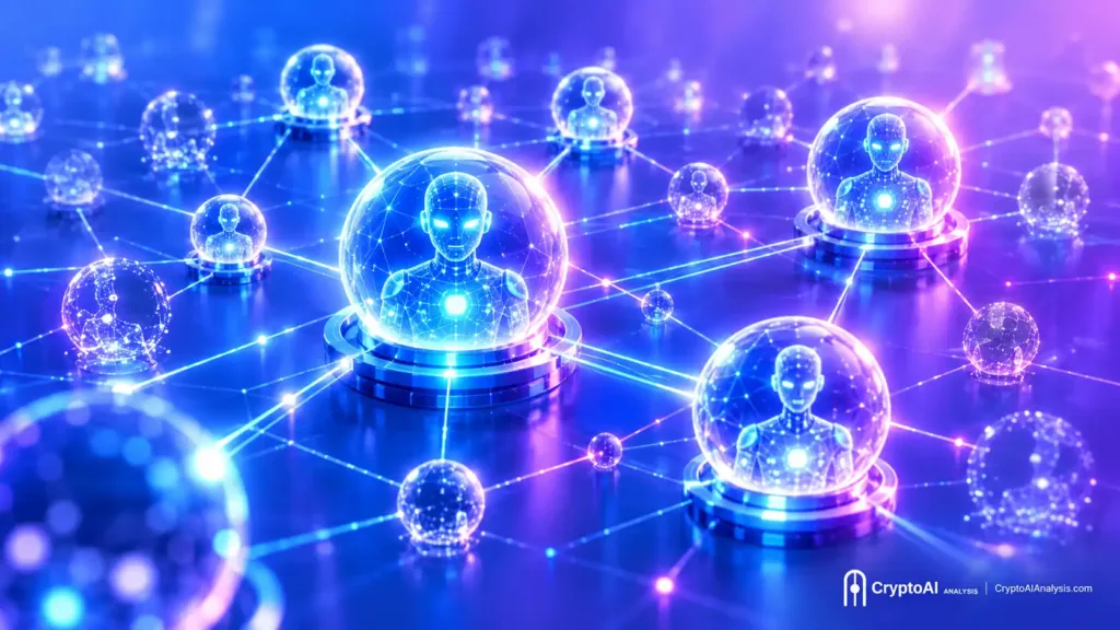 Network of glowing AI nodes of varying size and brightness illustrating AI Crypto Hype vs. Reality across different blockchain projects.