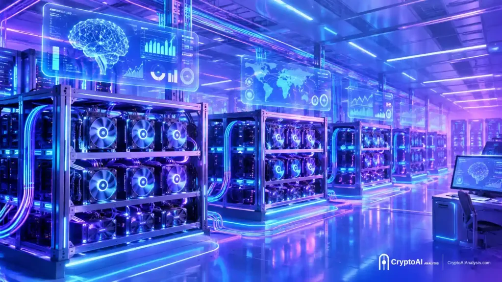 Futuristic mining rig data center with AI monitoring overlays, representing AI crypto mining infrastructure