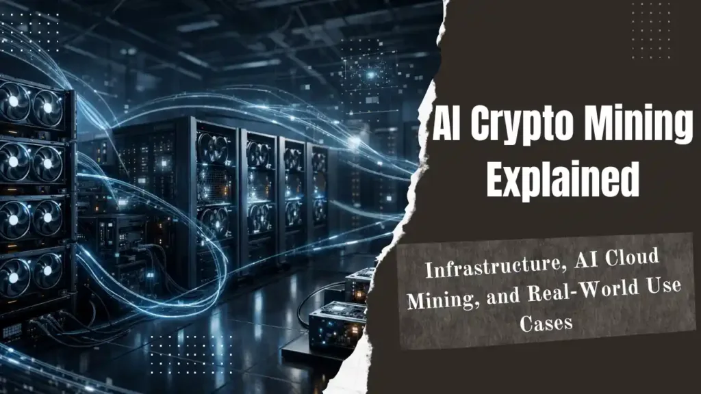 AI crypto mining infrastructure showing AI-assisted cloud and decentralized mining systems