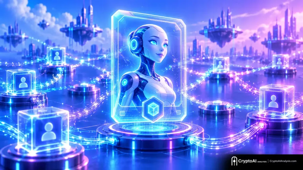 Glowing AI avatar character in a digital ownership frame, representing Artificial Liquid Intelligence (ALI)