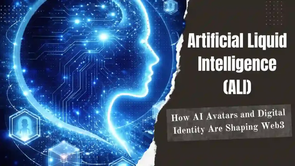 Futuristic AI avatar (ALI)with neural circuits and blockchain connections symbolizing digital identity and intelligent virtual entities.