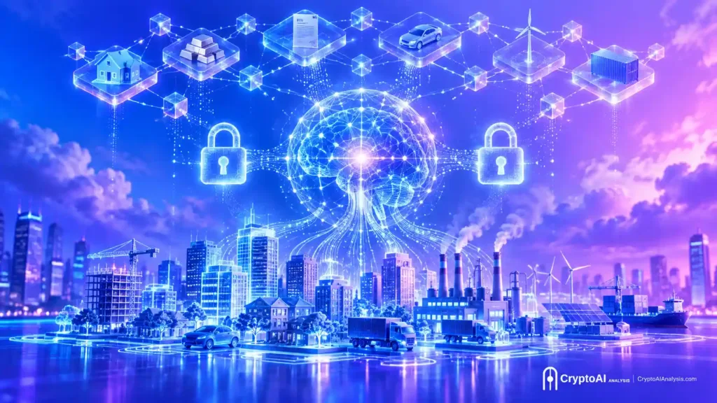 Real-world buildings and assets connected through a glowing AI network to a blockchain token grid, representing AI and real-world asset tokenization.