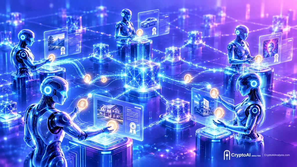 Glowing AI agent figures exchanging tokens on a blockchain network, representing how Virtuals Protocol turns AI agents into tokenized on-chain businesses.