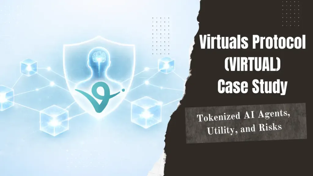 Virtuals Protocol (VIRTUAL) case study cover showing an AI agent icon with blockchain elements, representing tokenized AI agents in AI crypto.
