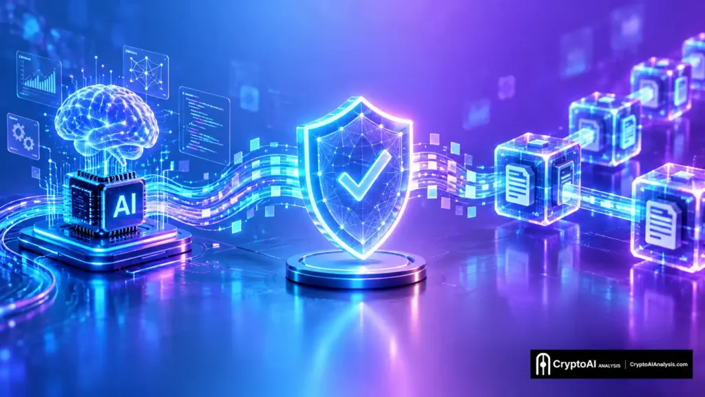 Digital illustration showing the ZEROBASE AI crypto verification layer, where a zero-knowledge proof shield connects off-chain AI computation to an on-chain blockchain ledger.