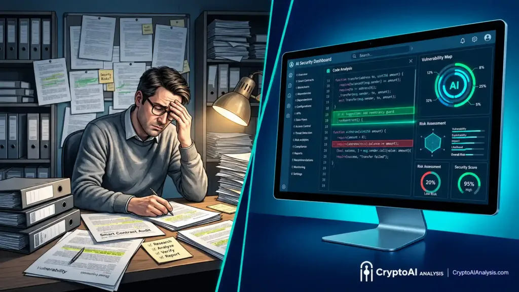 AI smart contract auditing system comparing manual document review with an AI security dashboard for identifying code vulnerabilities and risks.