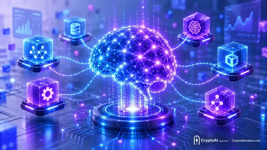 Glowing neural-network brain linked to decentralized AI subnet nodes, representing Bittensor (TAO) model marketplace.