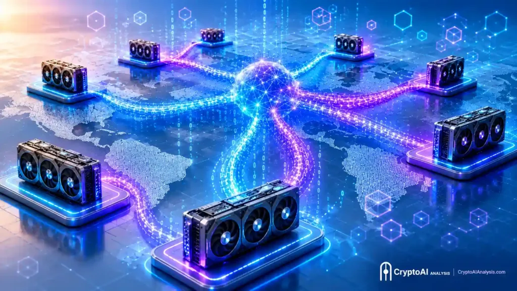 Gensyn AI token and decentralized compute network showing distributed GPU nodes connected globally across blockchain infrastructure