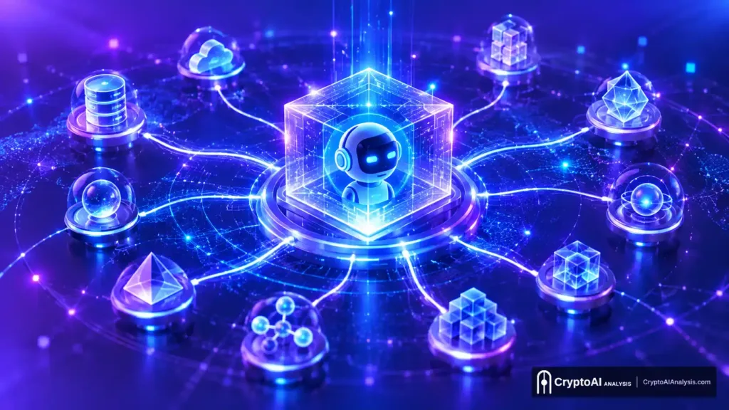 NEAR Protocol illustration showing an AI-powered blockchain hub connecting multiple digital networks through glowing blue and purple light paths.