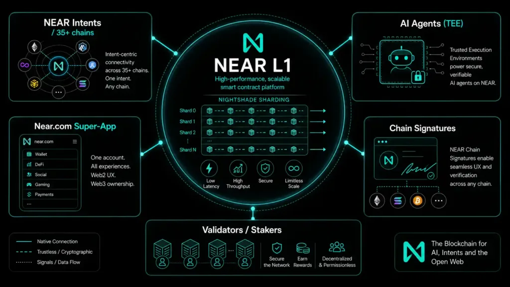 Diagram showing how NEAR Protocol connects AI agents, cross-chain intents, and decentralized applications through its Nightshade sharded Layer-1 blockchain in 2026.