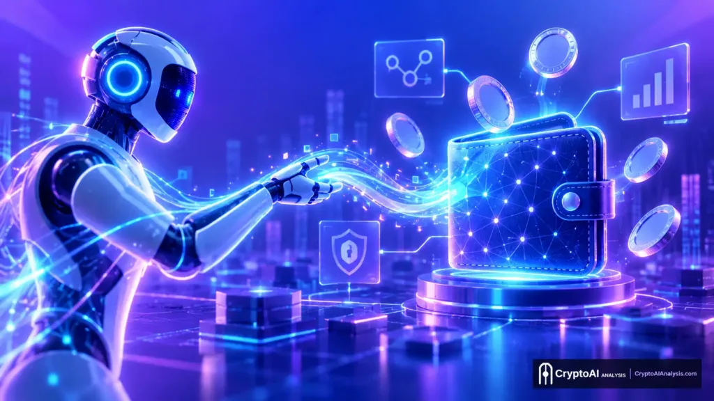 Agentic finance crypto payments illustration showing an AI agent sending secure digital payment data to a blockchain wallet through glowing blue and purple financial networks.